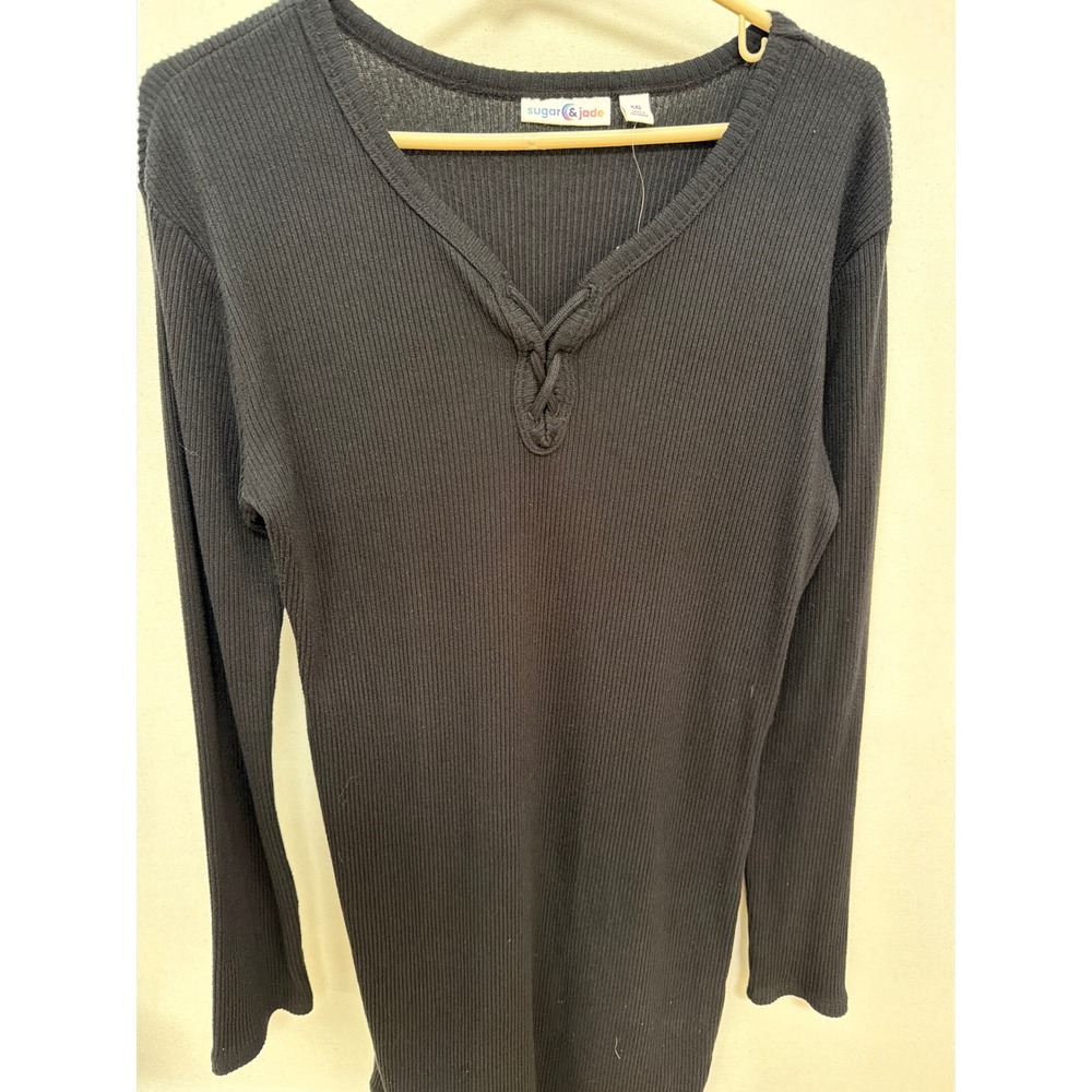 Sugar & Jade Black Ribbed Long Sleeve Lace Up V-Neck Tunic Top XXL 20/22